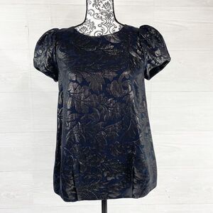 Tibi Brocade Metallic Floral Print Puff Capped Sleeve Top